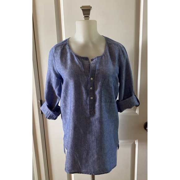 Max Studio Tops - Max Studio Blue Long Sleeve Henley Linen Blend Popover Size Small Rolled Sleeve